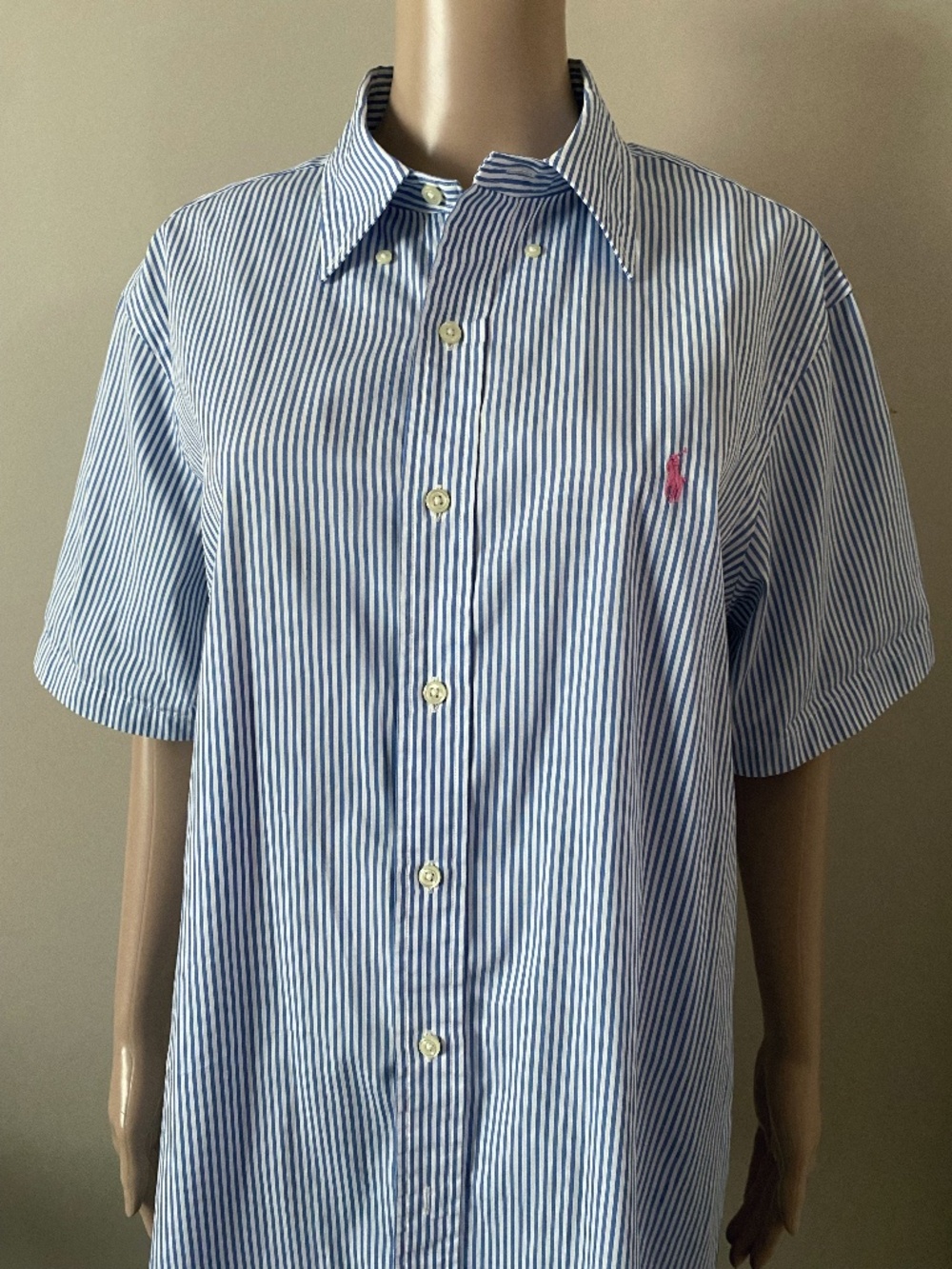 Ralph Lauren stripes blue white short sleeve shirt, size large